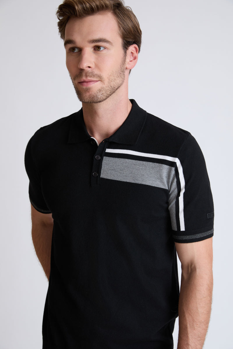 Men's Fine Knit Polo Shirt Viscose Blend – Modern with Graphic Panel