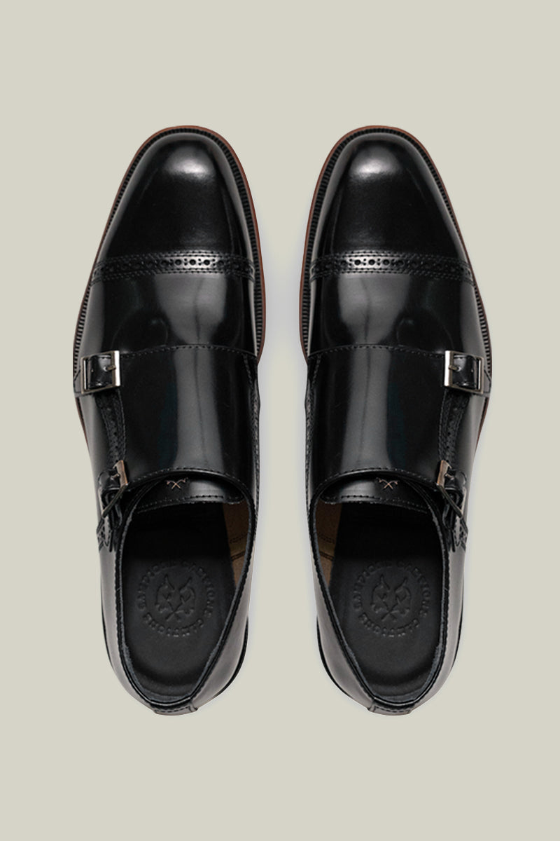 Premium CC double monk made of smooth leather with double buckle, in brown, navy and black.