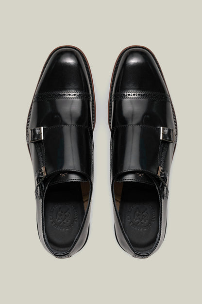 Premium CC double monk made of smooth leather with double buckle, in brown, navy and black.