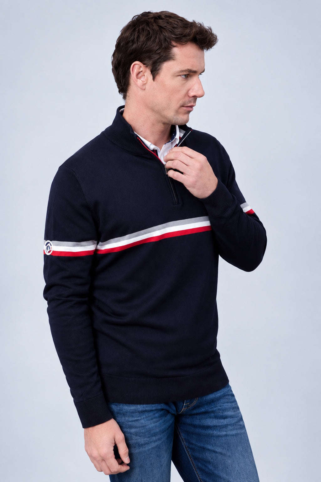 Troyer aus Viskose-Polyester-Mix mit maritimen Brustreifen in navy combi 1, Ansicht 3