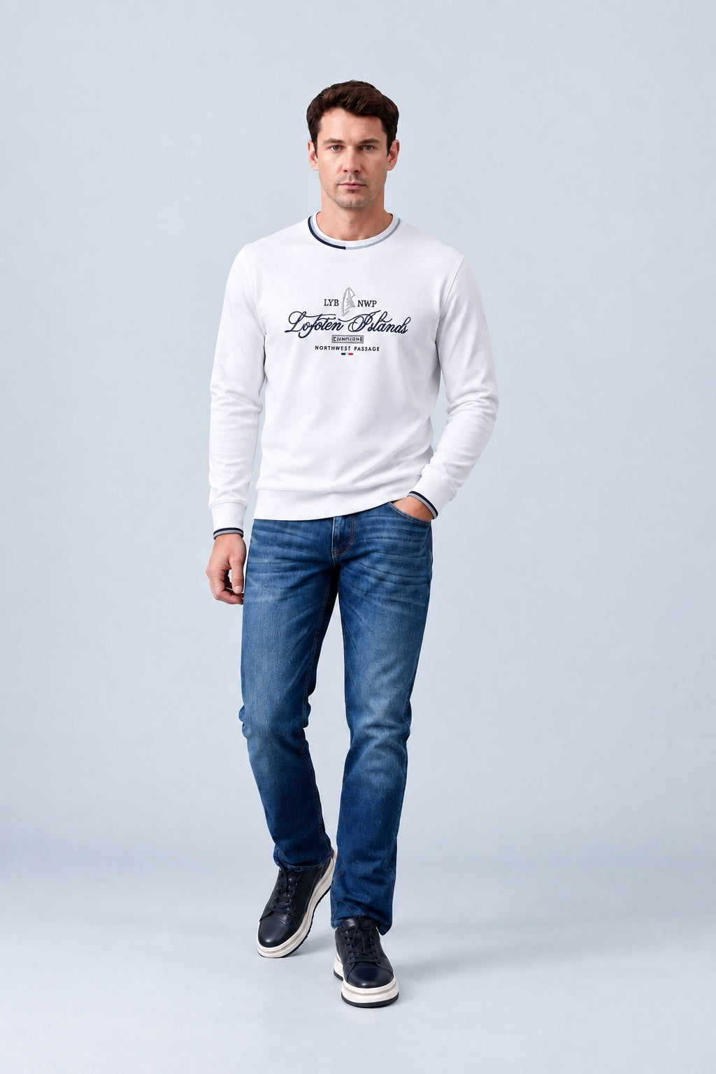 Langarmshirt aus Baumwoll‑Stretch mit maritimem Print in off white