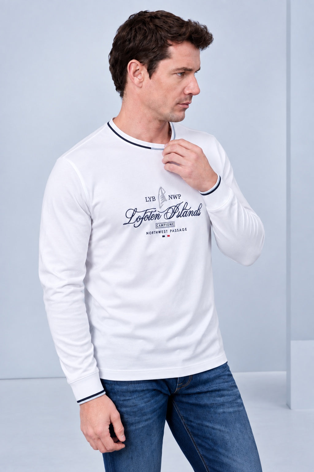 Langarmshirt aus Baumwoll‑Stretch mit maritimem Print in off white, Ansicht 3