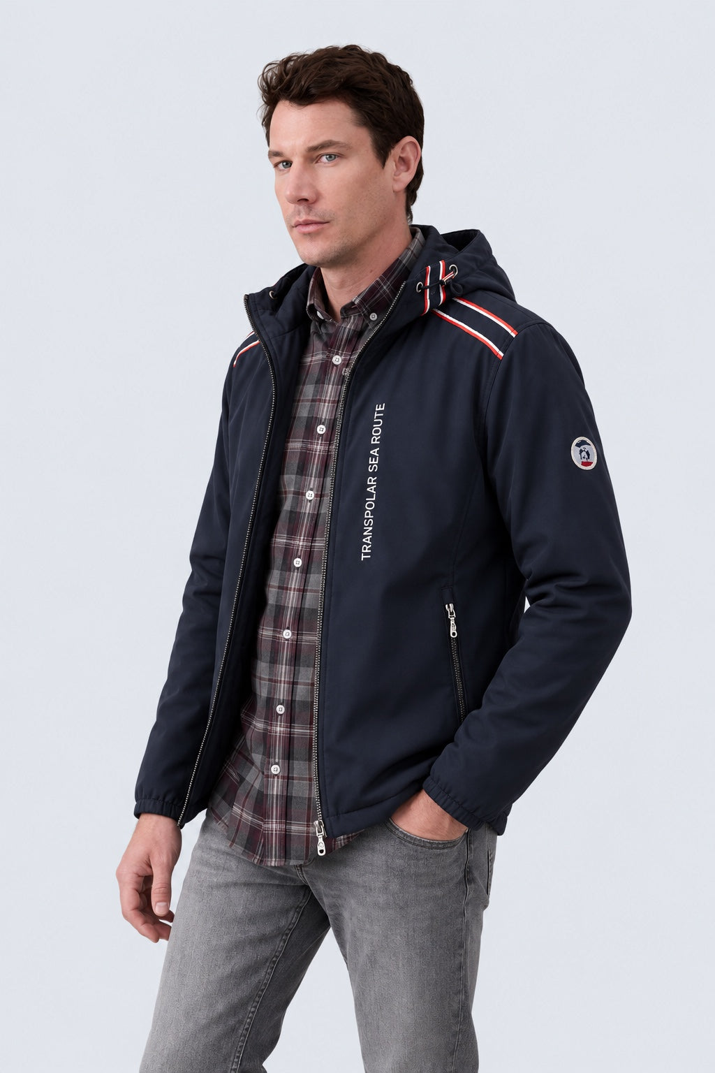 Kapuzenjacke aus Funktions‑Materialmix mit Kontrastdetails in navy, Ansicht 2