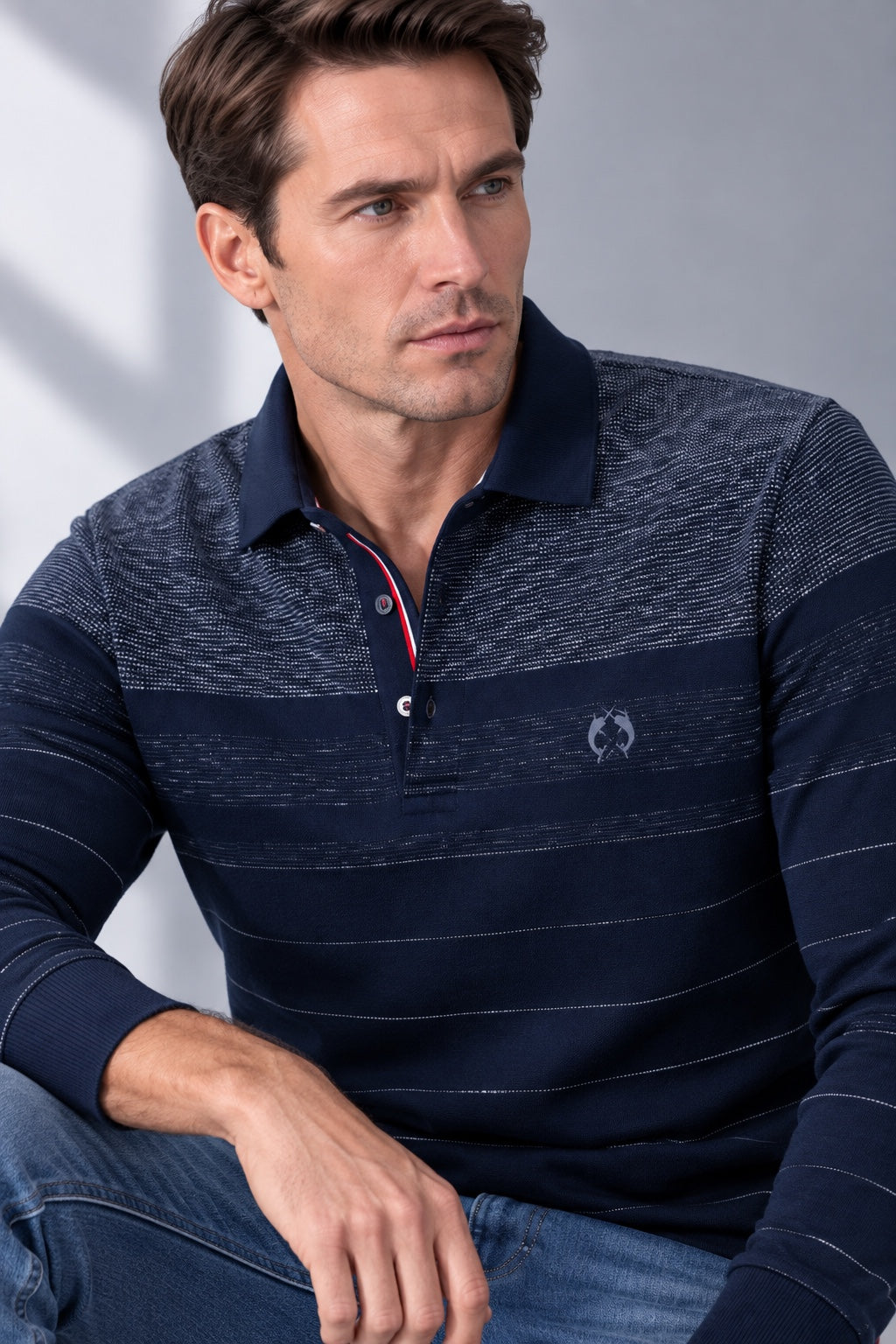 Rugby-Polo aus Baumwolle mit Strukturstreifen und Langarm in navy combi 1, Ansicht 2