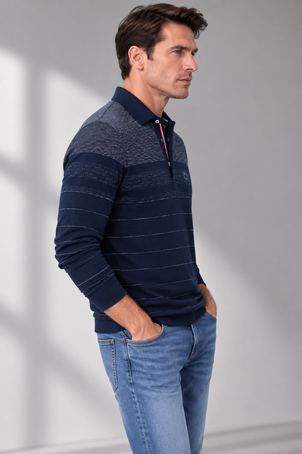 Rugby-Polo aus Baumwolle mit Strukturstreifen und Langarm in navy combi 1, Ansicht 3