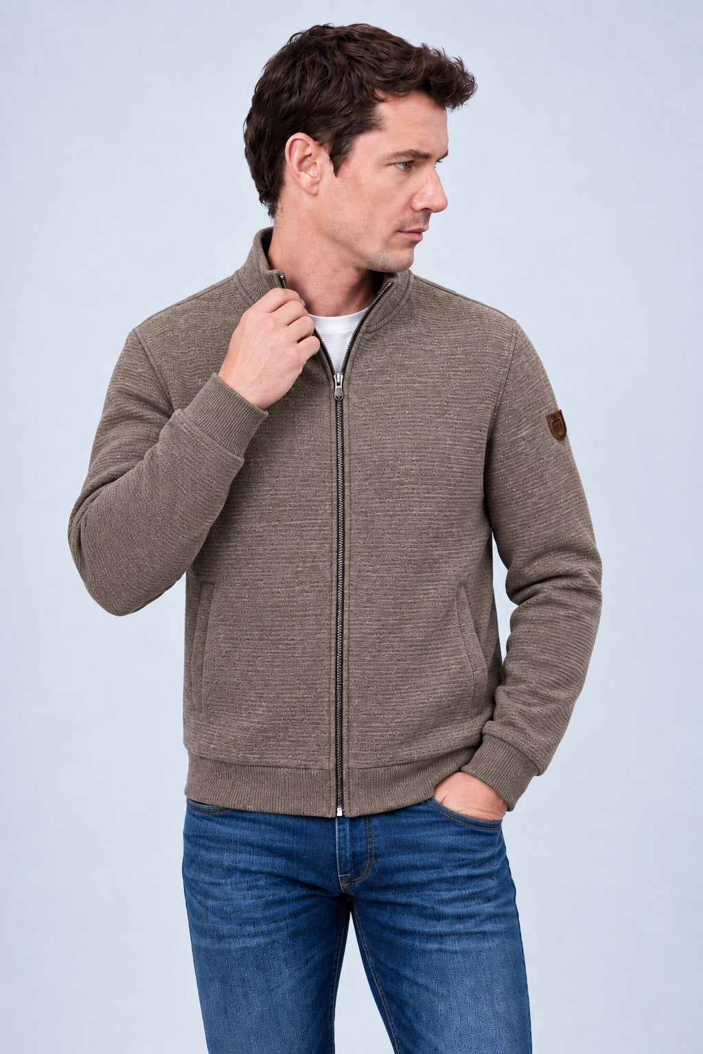 Sweat‑Jacke mit Stehkragen und Strukturdesign in cappuccino mel, Ansicht 2