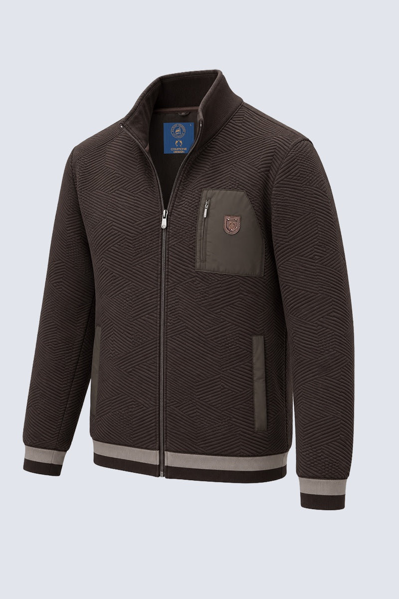Sweat‑Jacke mit Strukturmuster und Stehkragen in chocolate