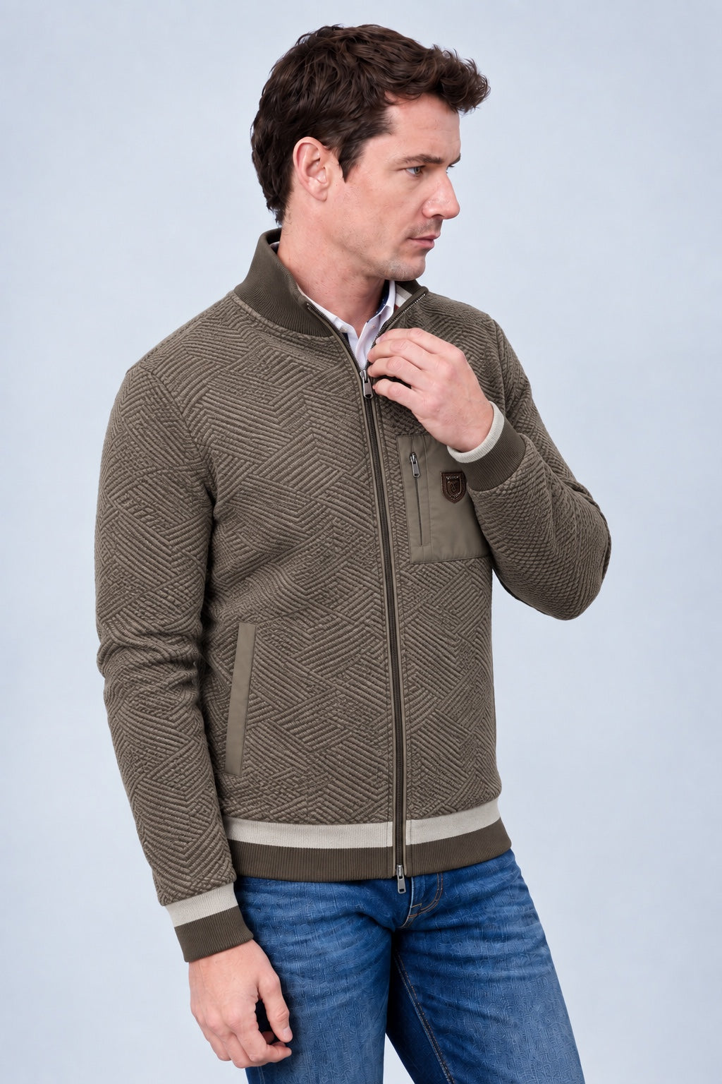 Sweat‑Jacke mit Strukturmuster und Stehkragen in cappuccino mel, Ansicht 2