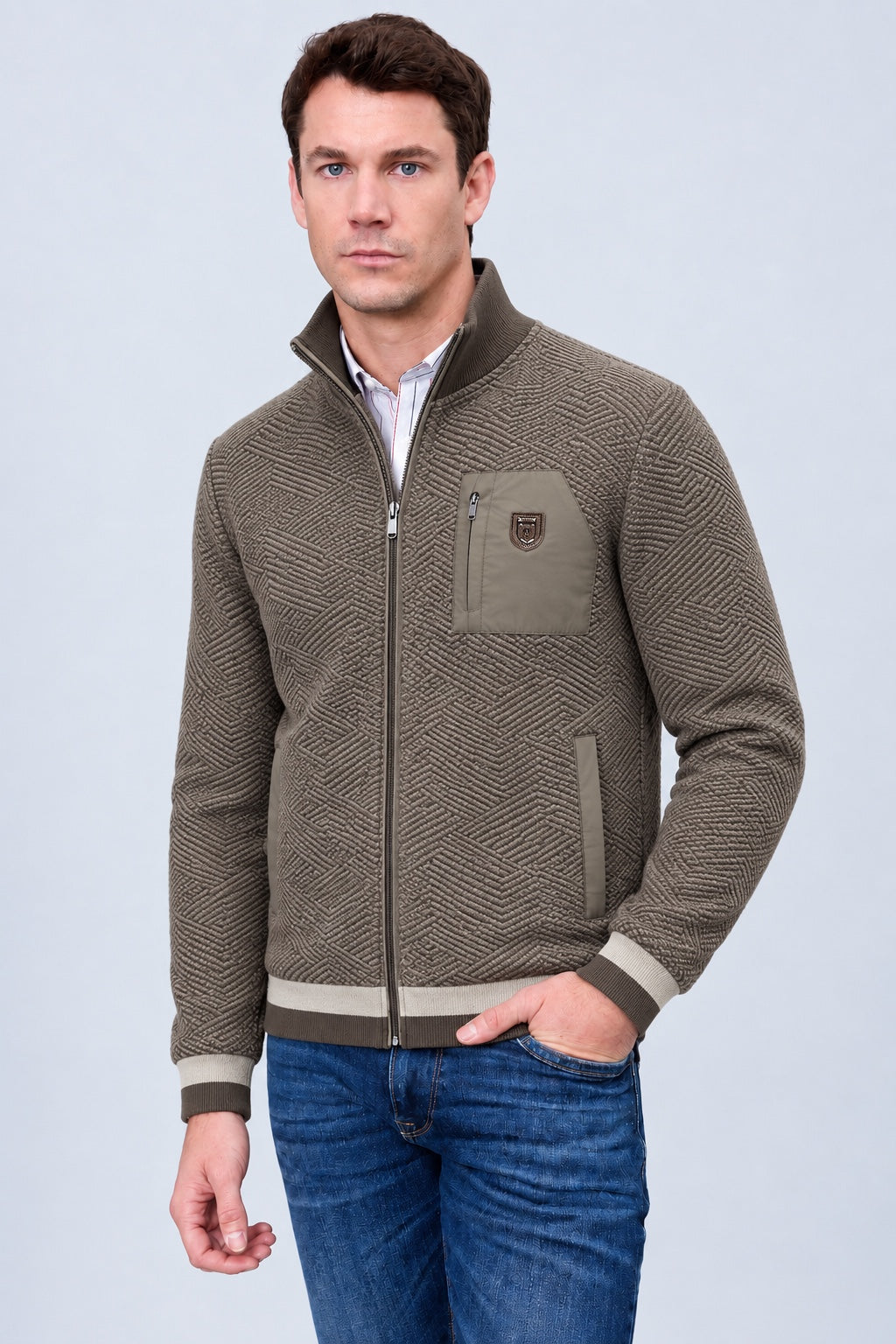 Sweat‑Jacke mit Strukturmuster und Stehkragen in cappuccino mel, Ansicht 3