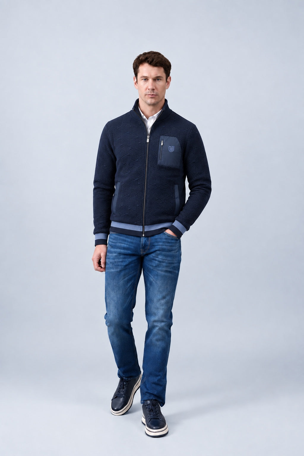 Sweat‑Jacke mit Strukturmuster und Stehkragen in navy