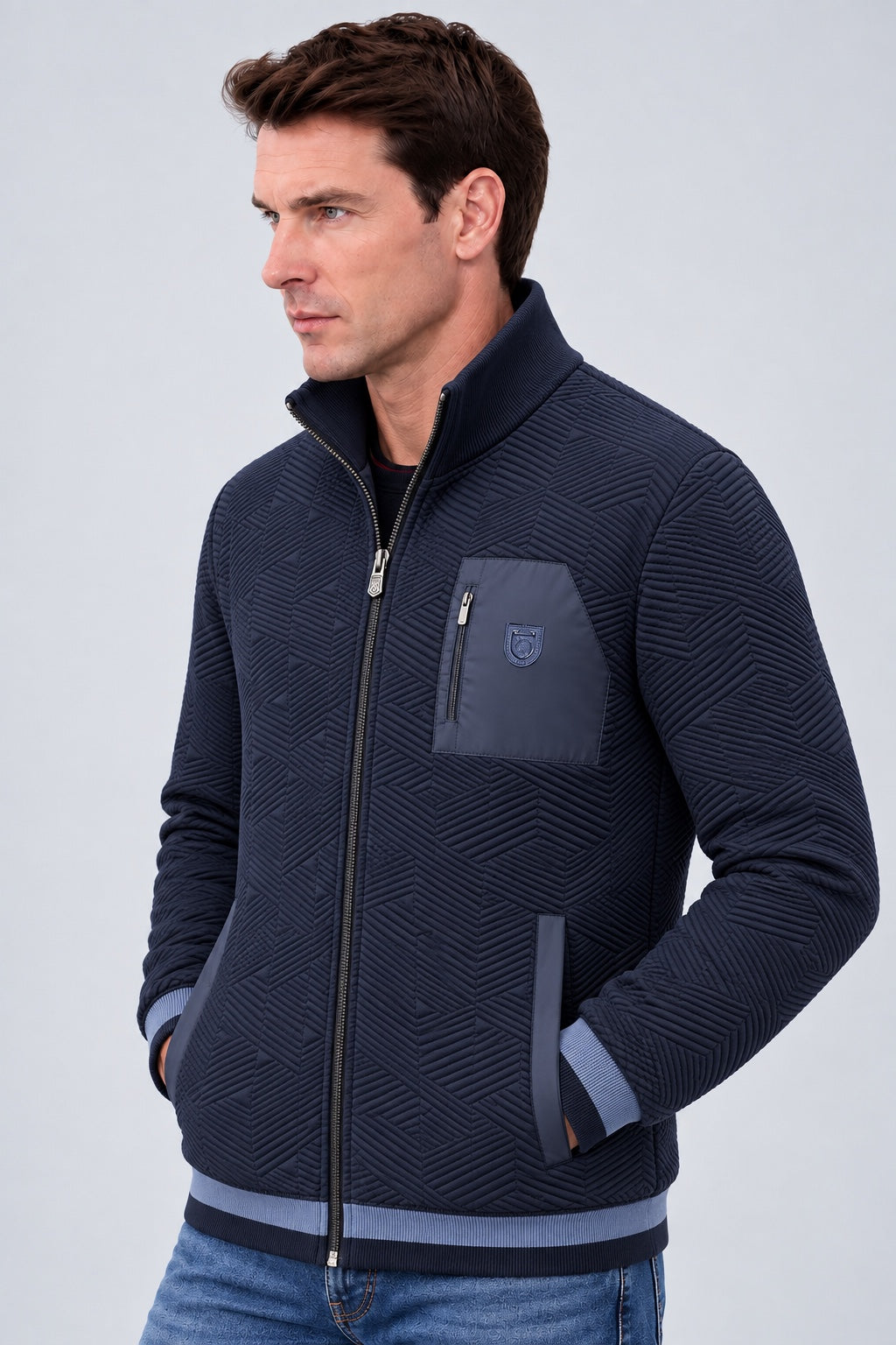 Sweat‑Jacke mit Strukturmuster und Stehkragen in navy, Ansicht 3