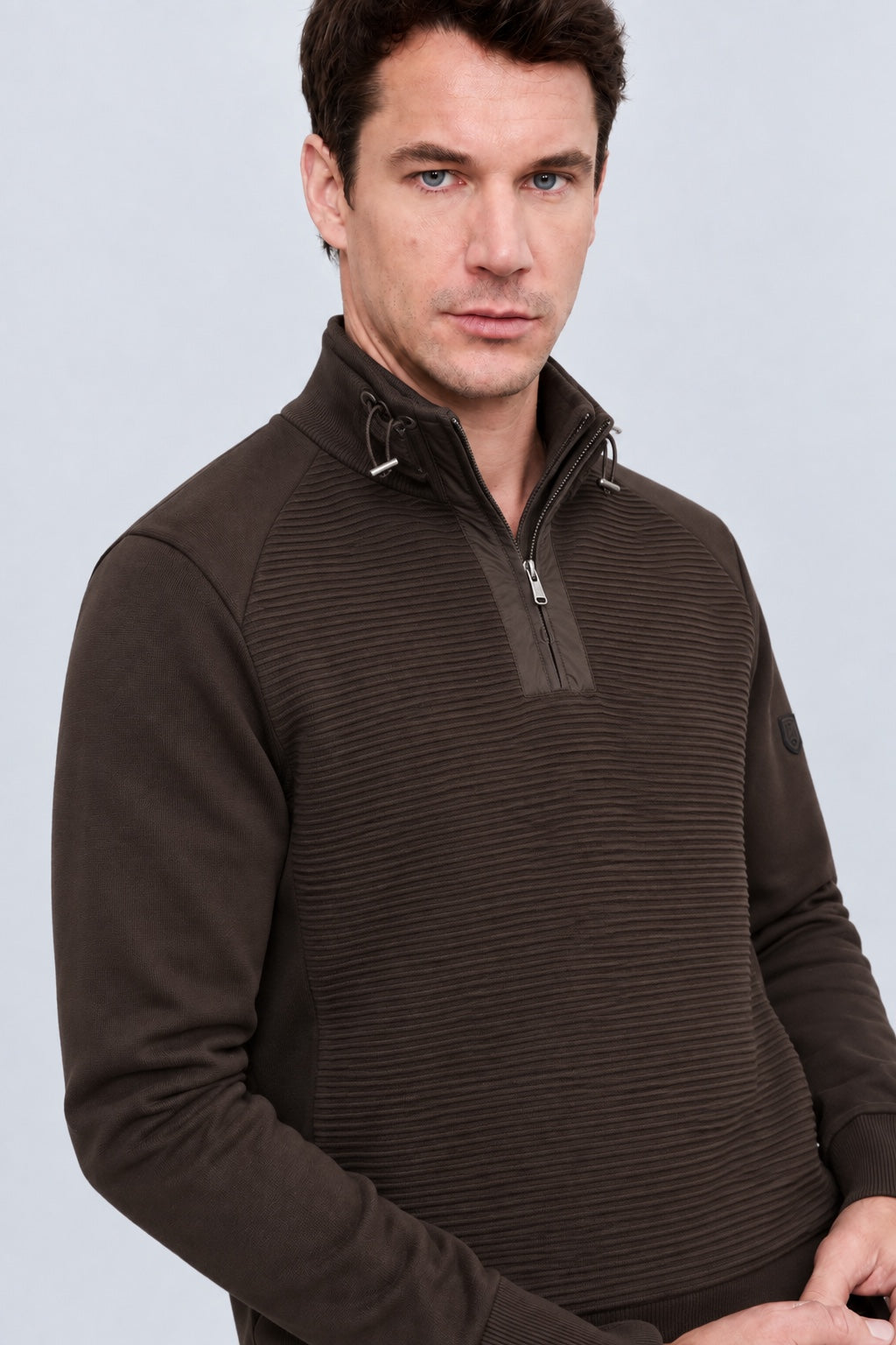 Sweatshirt mit Stehkragen und Strukturmuster in chocolate, Ansicht 2