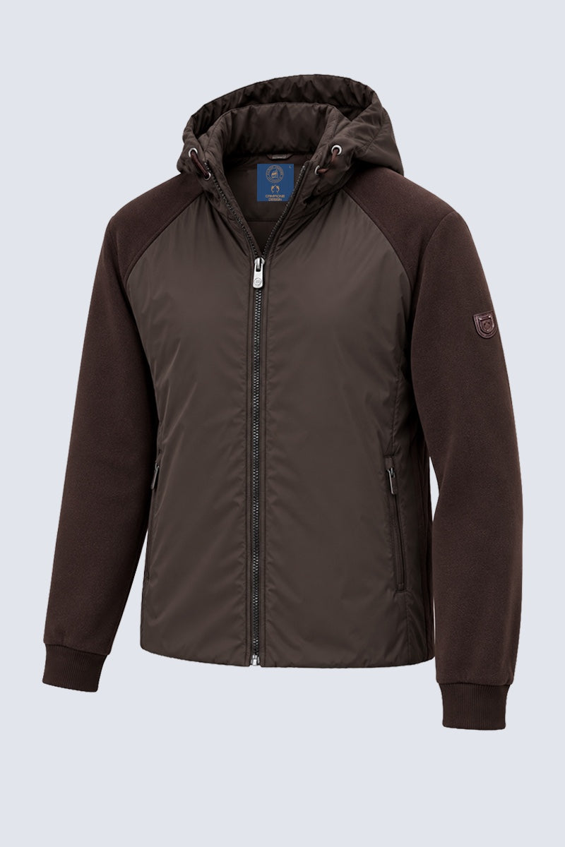 Sweat‑Jacke mit Kapuze in Materialmix‑Optik in chocolate