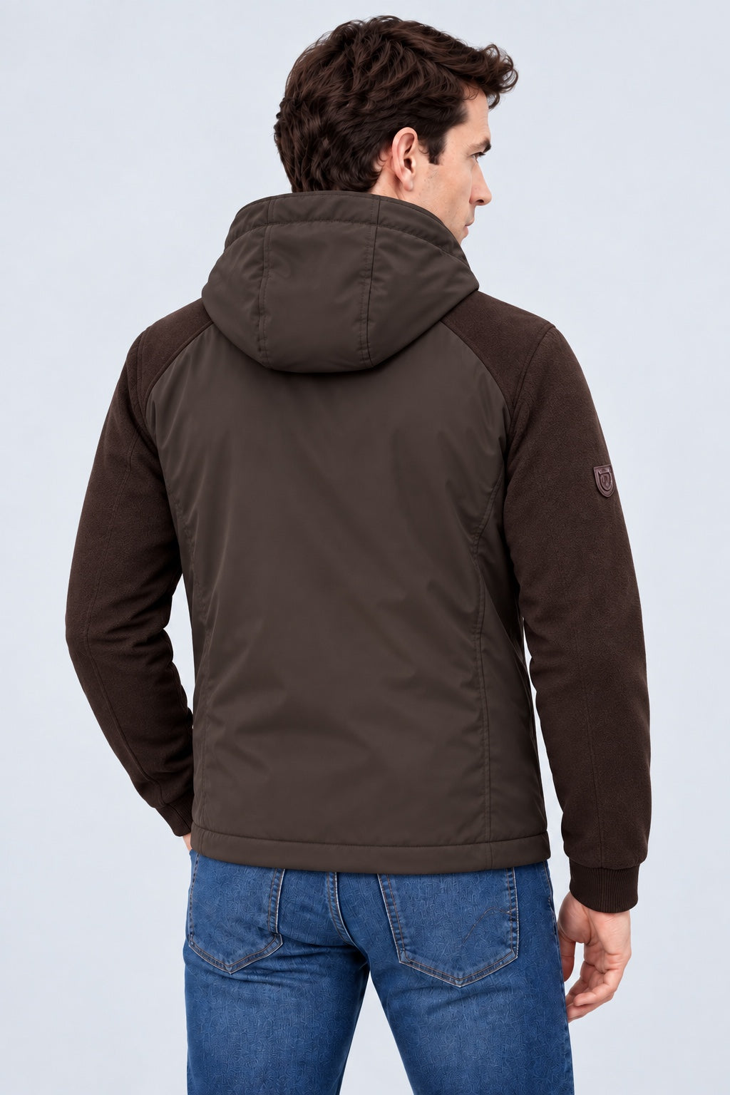 Sweat‑Jacke mit Kapuze in Materialmix‑Optik in chocolate, Ansicht 3
