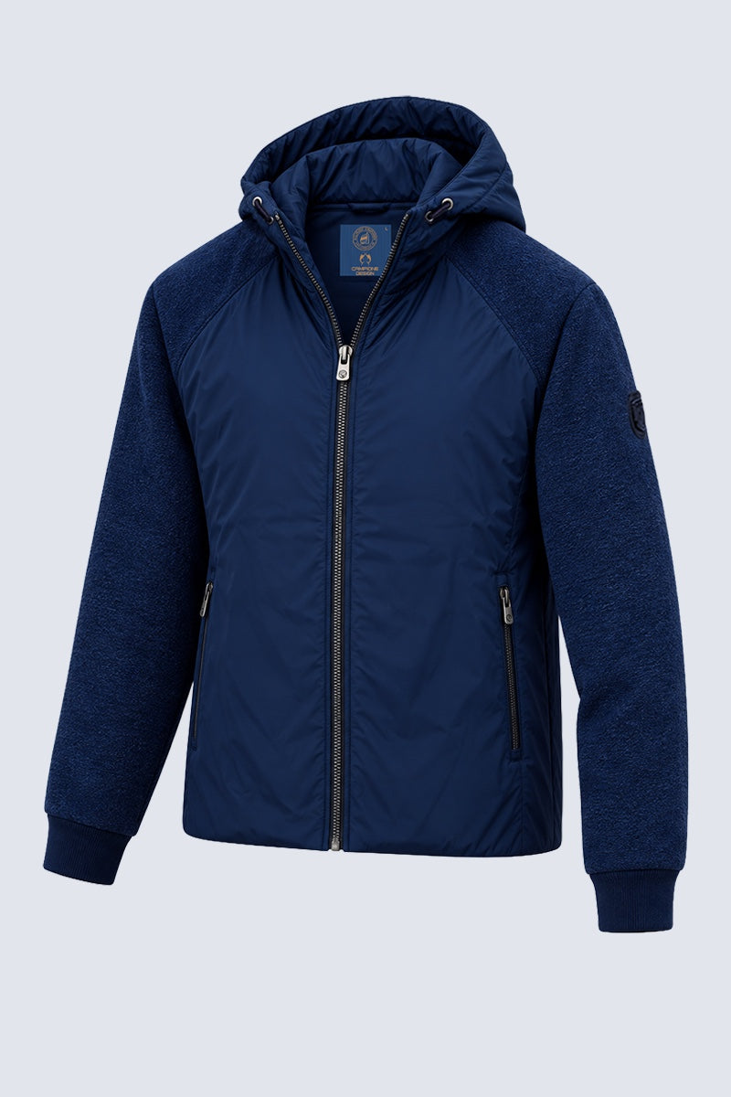 Sweat‑Jacke mit Kapuze in Materialmix‑Optik in navy