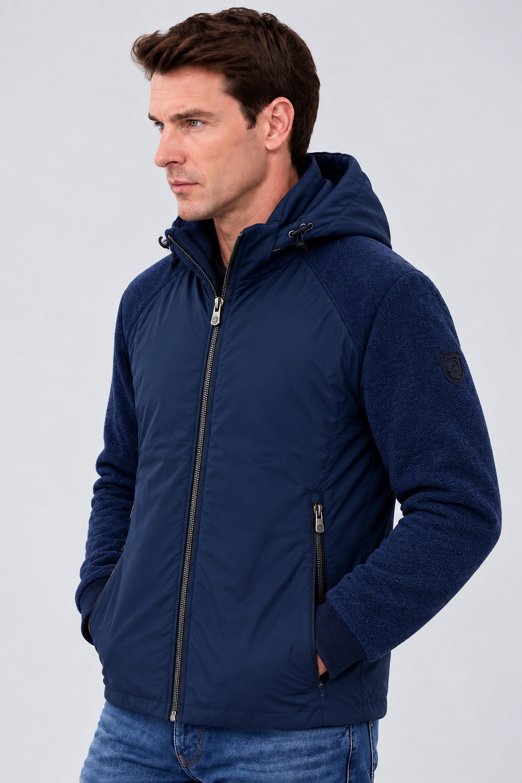 Sweat‑Jacke mit Kapuze in Materialmix‑Optik in navy, Ansicht 2