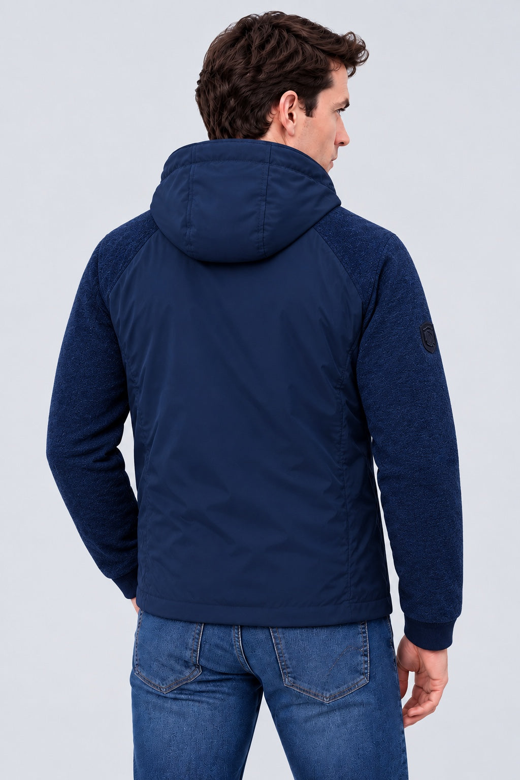 Sweat‑Jacke mit Kapuze in Materialmix‑Optik in navy, Ansicht 3