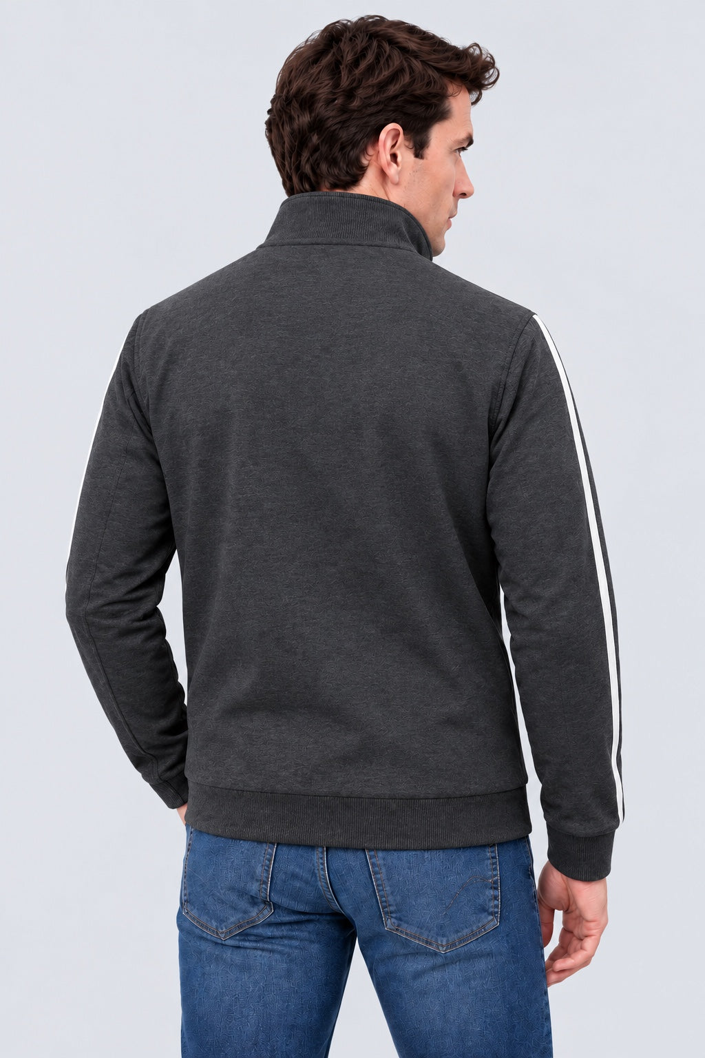 Sweat‑Jacke mit Stehkragen und Kontraststreifen in anthra mel., Ansicht 3