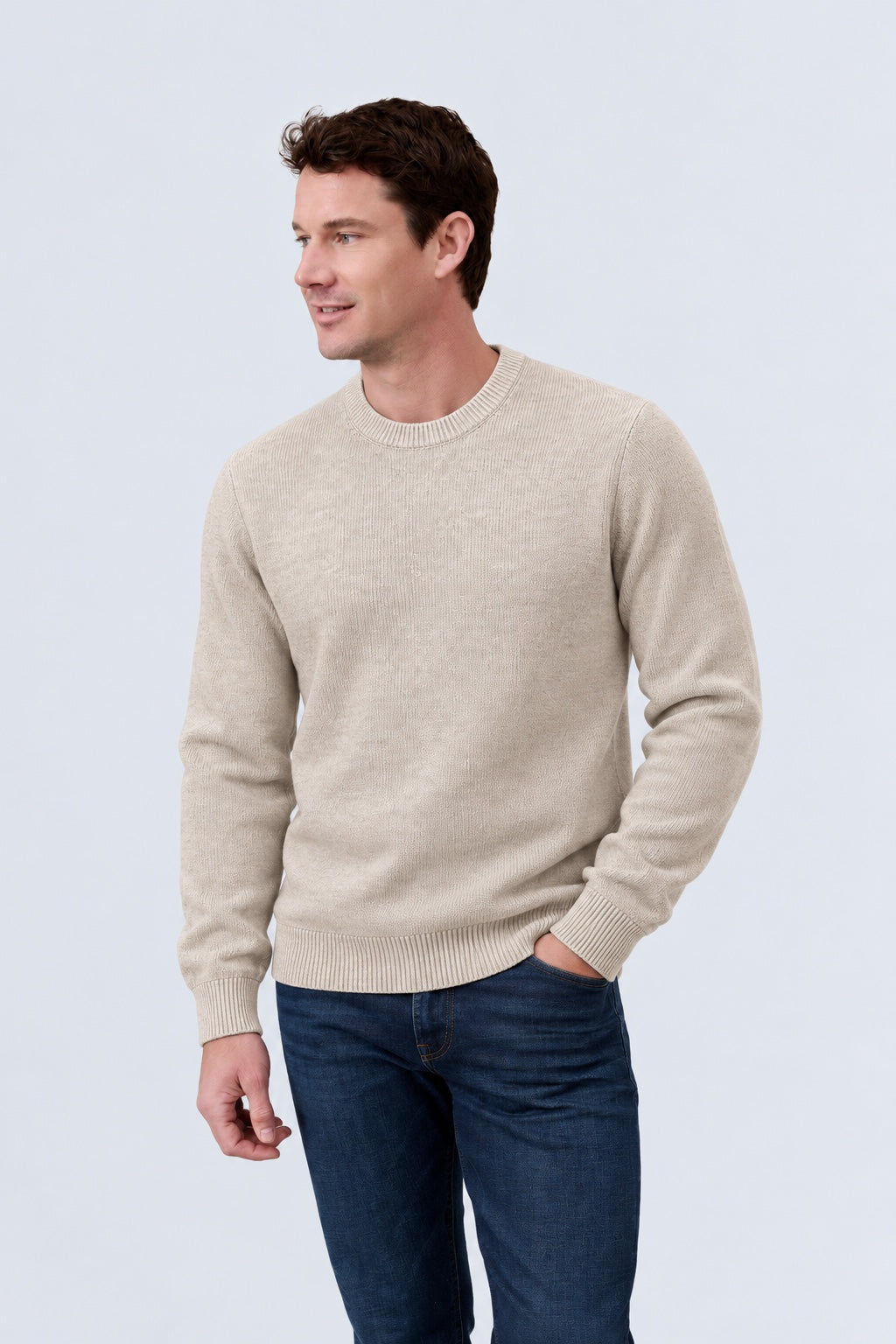 Pullover aus Baumwoll-Acryl-Mix mit Rundhalsausschnitt in sand mel, Ansicht 3