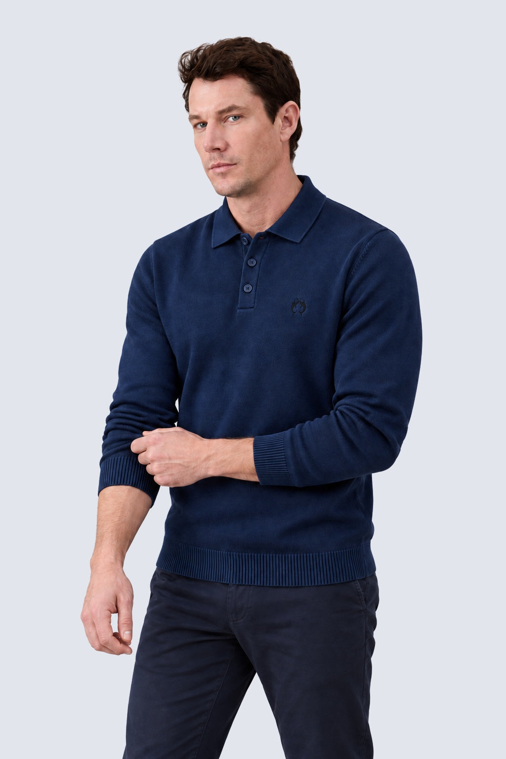 Strick‑Polo aus Baumwoll‑Acryl‑Mix mit Langarm in retro blue, Ansicht 2