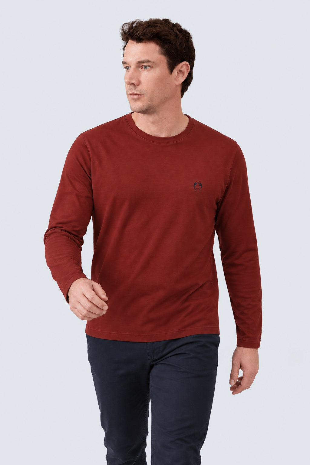 Langarm‑T‑Shirt aus Modal‑Baumwoll‑Mix mit Rundhalsausschnitt in bordeaux, Ansicht 2