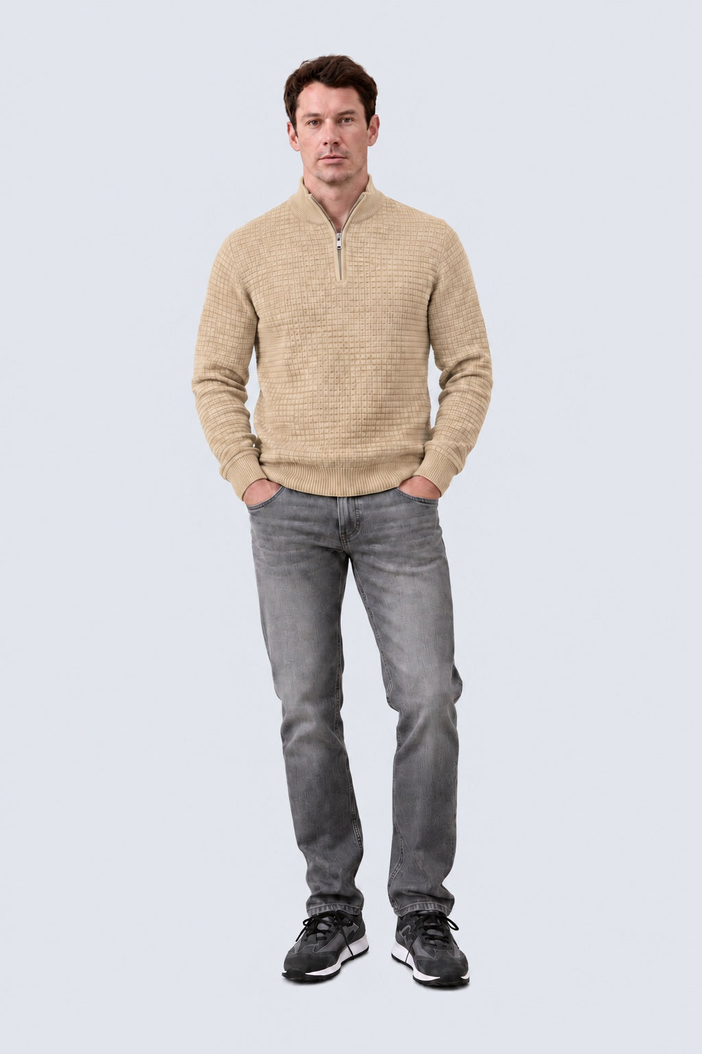 Troyer‑Pullover aus Baumwolle mit Strukturstrick und Stehkragen in sand mel