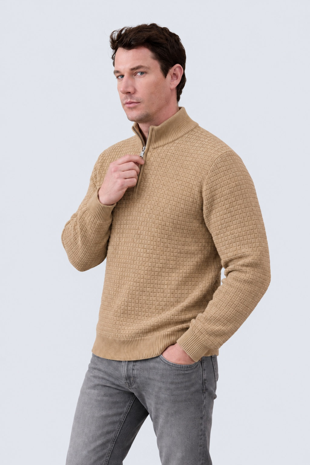 Troyer‑Pullover aus Baumwolle mit Strukturstrick und Stehkragen in brown mel, Ansicht 3