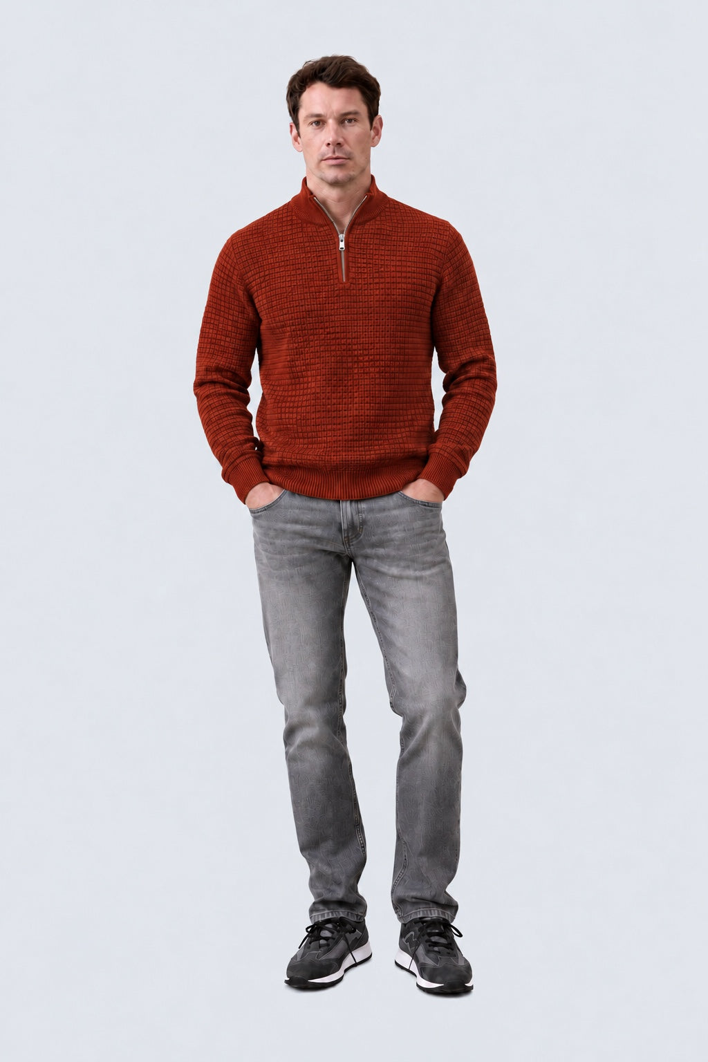 Troyer‑Pullover aus Baumwolle mit Strukturstrick und Stehkragen in bordeaux mel.