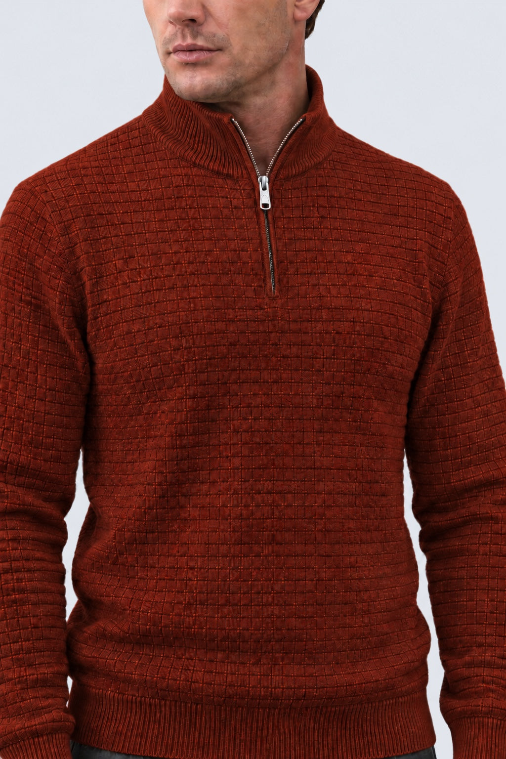 Troyer‑Pullover aus Baumwolle mit Strukturstrick und Stehkragen in bordeaux mel., Ansicht 3