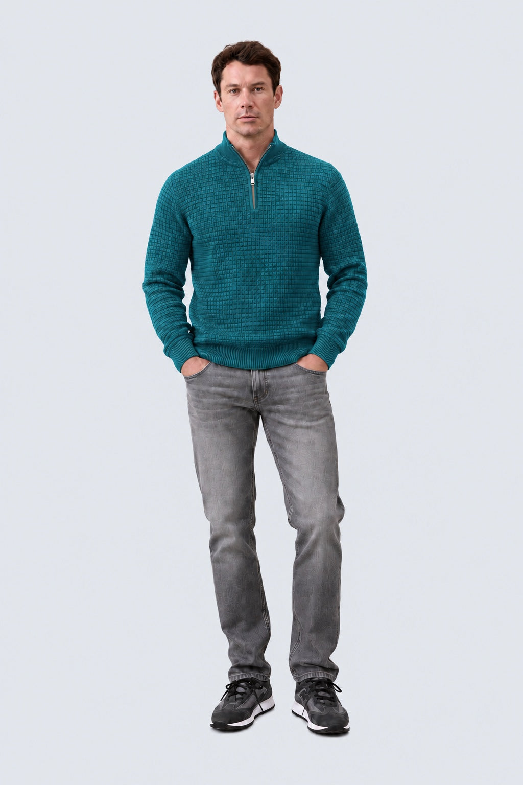 Troyer‑Pullover aus Baumwolle mit Strukturstrick und Stehkragen in retro blue