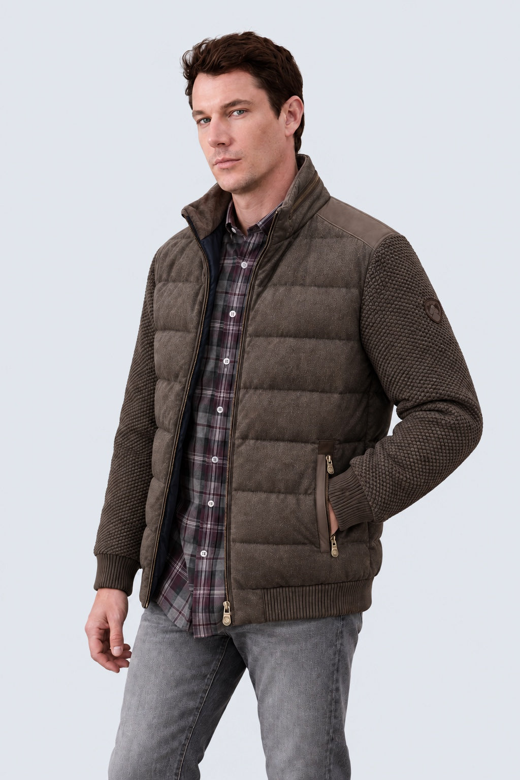 Jacke in Materialmix‑Optik mit Stehkragen in cappuccino mel, Ansicht 2