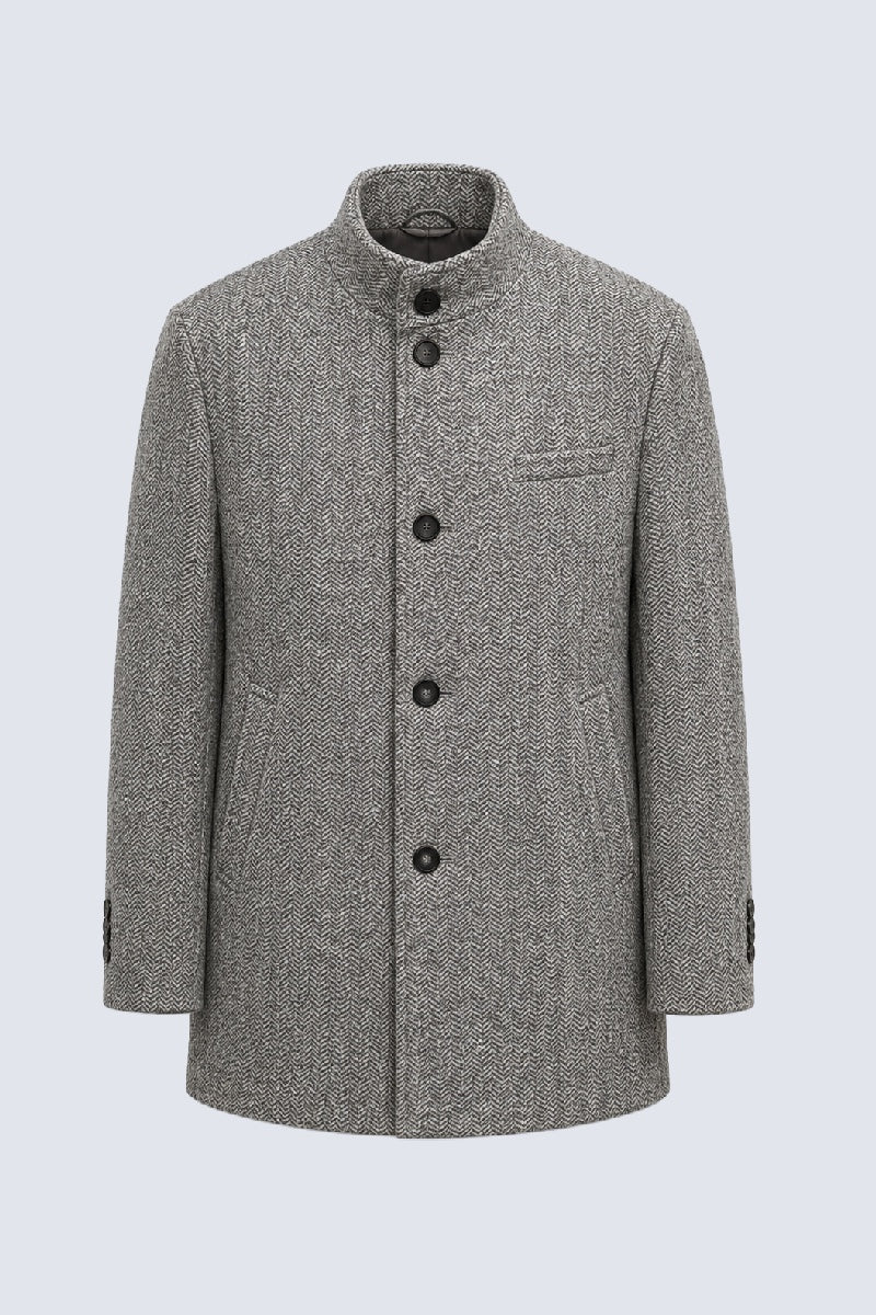 Mantel aus Woll‑Mix mit Stehkragen und Fischgratmuster in grey mel