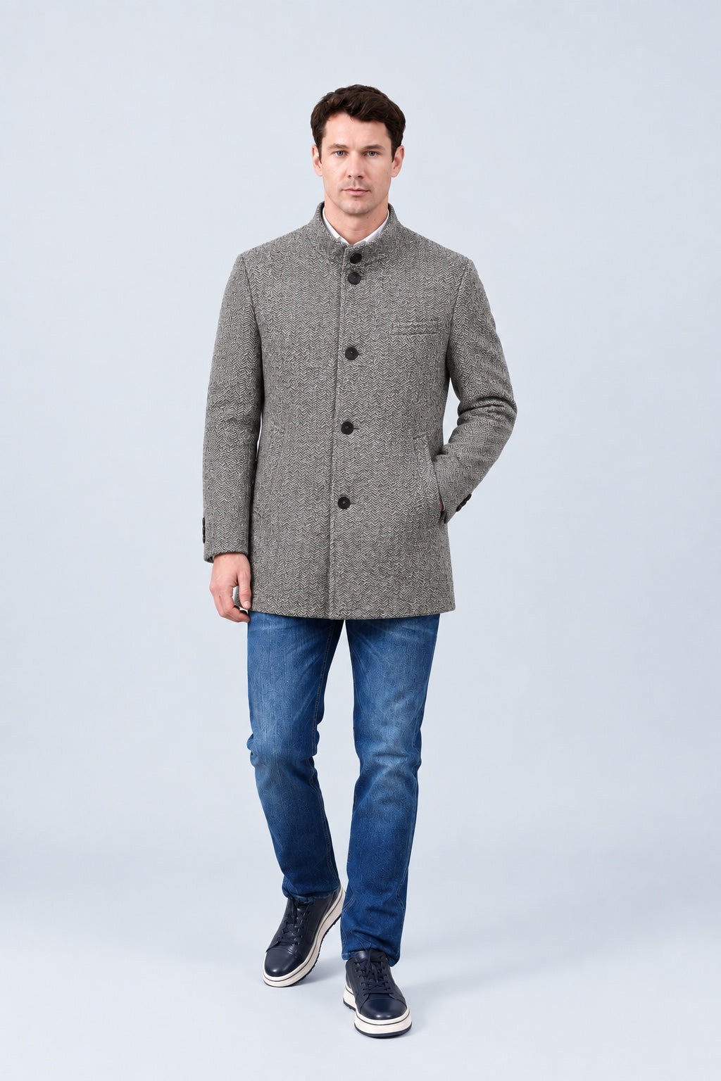 Mantel aus Woll‑Mix mit Stehkragen und Fischgratmuster in grey mel, Ansicht 3