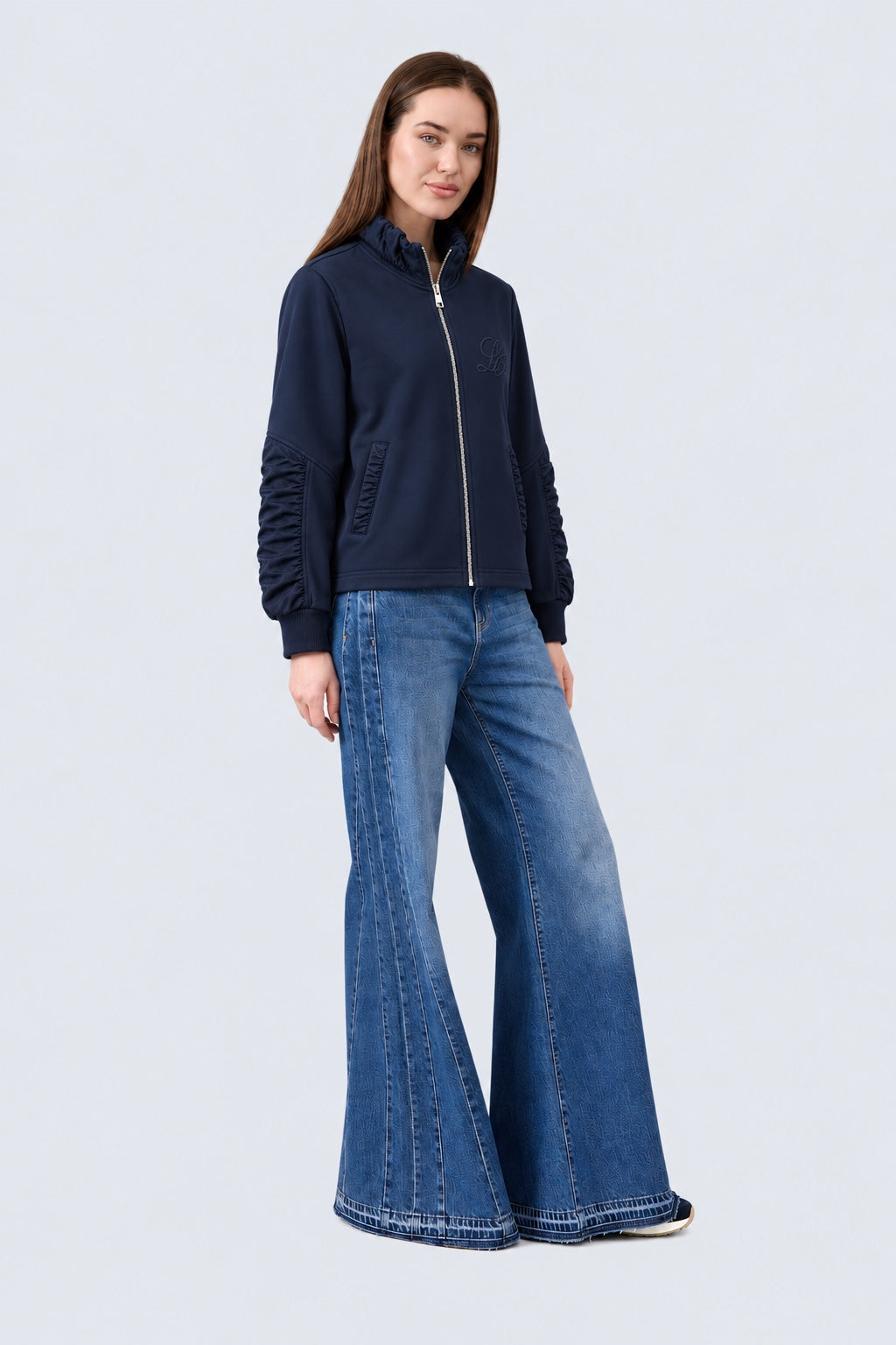 Sweat‑Jacke aus Baumwolle‑Modal‑Mix mit Stehkragen und Materialmix‑Details in navy