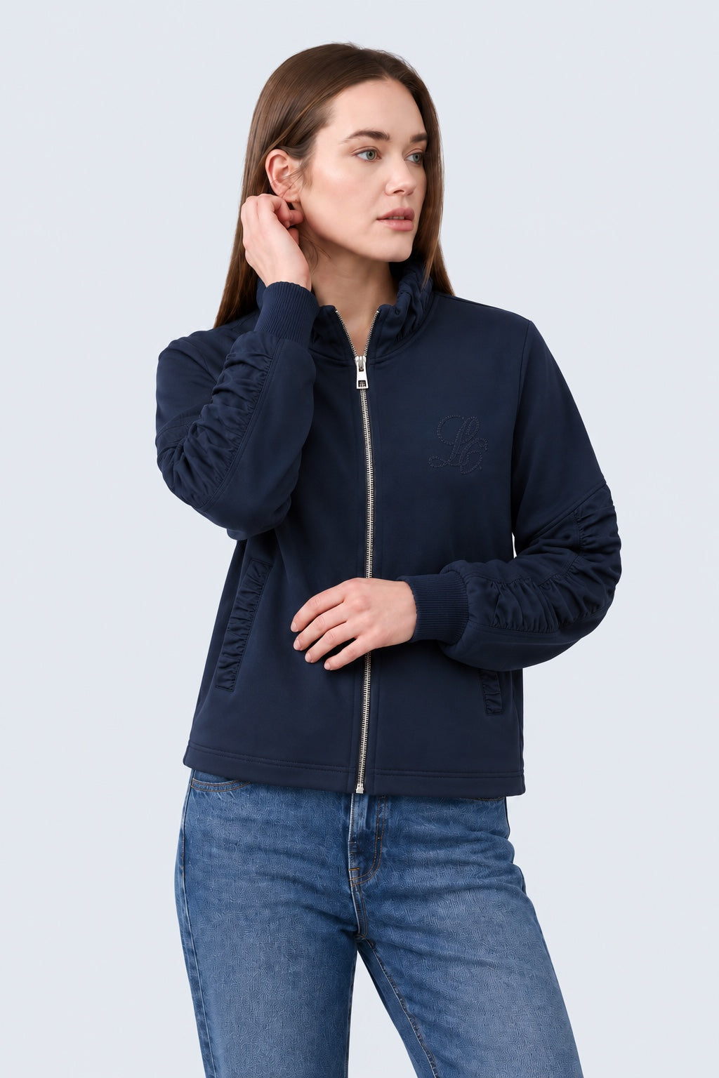 Sweat‑Jacke aus Baumwolle‑Modal‑Mix mit Stehkragen und Materialmix‑Details in navy, Ansicht 2
