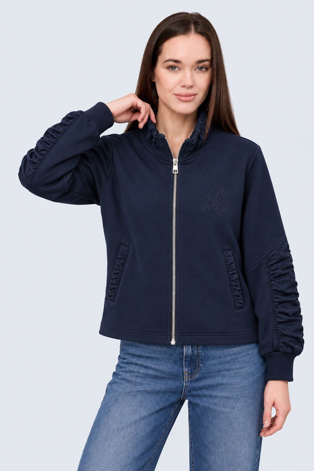 Sweat‑Jacke aus Baumwolle‑Modal‑Mix mit Stehkragen und Materialmix‑Details in navy, Ansicht 3
