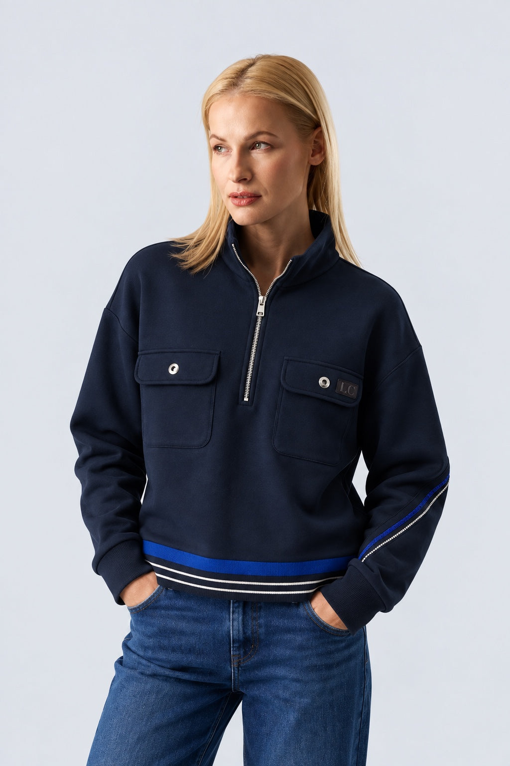 Sweatshirt mit Stehkragen und Reißverschluss aus Baumwolle‑Modal‑Mix in navy, Ansicht 2