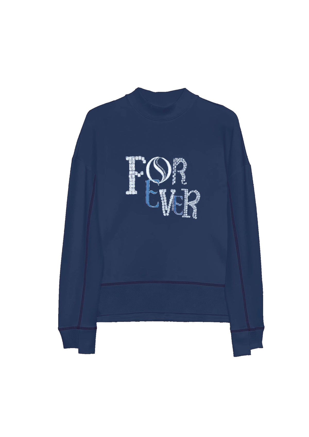 Sweatshirt aus Baumwolle-Modal-Mix mit Strass-Schriftzug und Stehkragen in navy