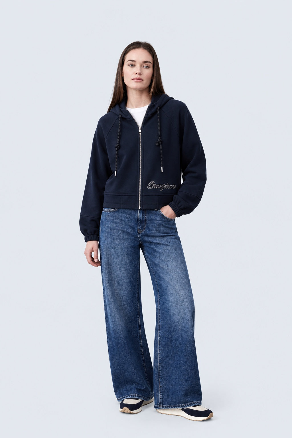 Sweat‑Jacke mit Kapuze und Stehkragen aus Baumwolle‑Modal‑Mix in navy