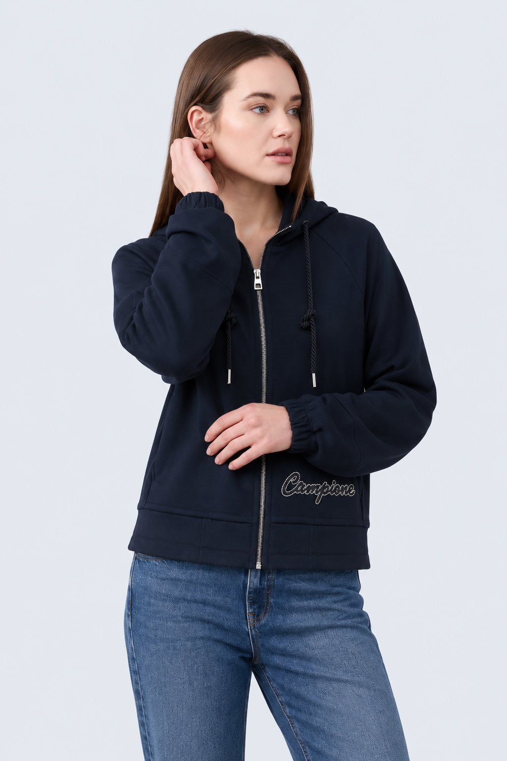 Sweat‑Jacke mit Kapuze und Stehkragen aus Baumwolle‑Modal‑Mix in navy, Ansicht 3