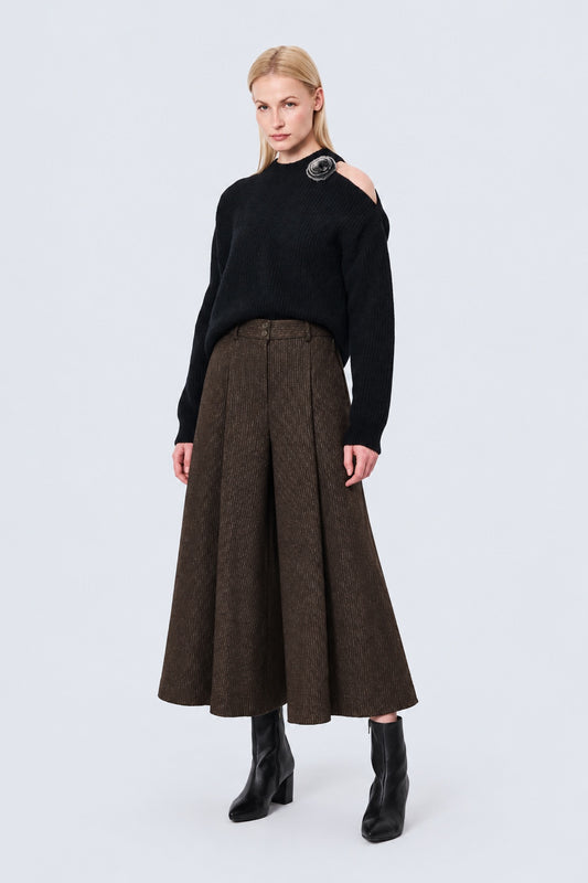 Culotte aus Polyester-Viskose-Mix mit Nadelstreifen und Bundfalten in brown