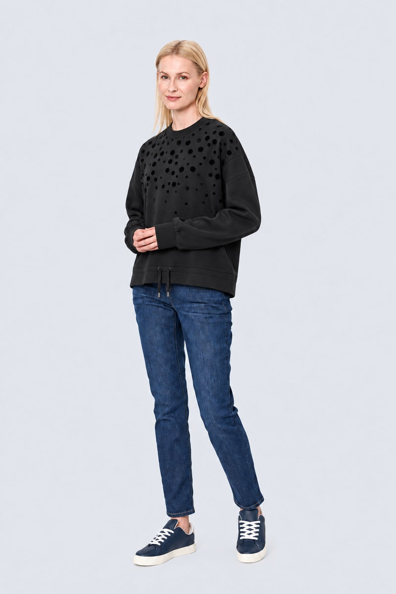 Sweatshirt aus Viskose-Mix mit Flock-Punkten und Tunnelzug am Saum in black combi 1