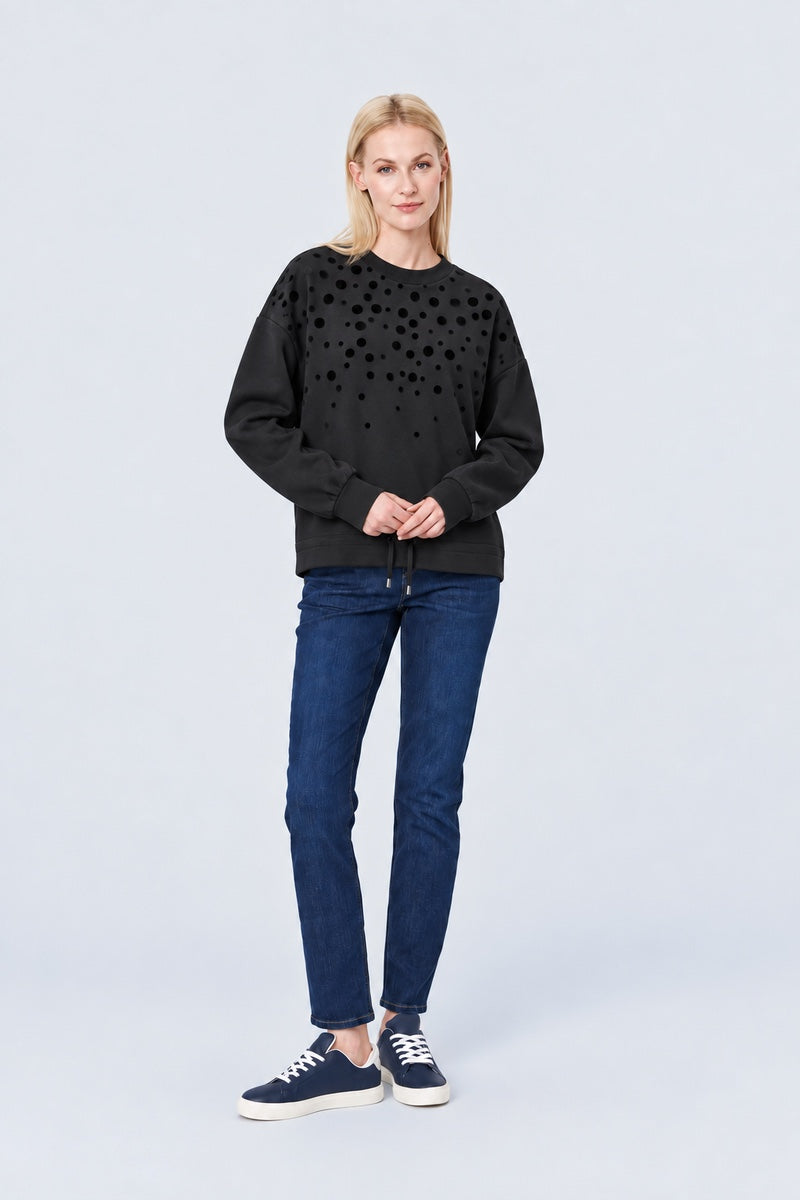 Sweatshirt aus Viskose-Mix mit Flock-Punkten und Tunnelzug am Saum in black combi 1, Ansicht 2