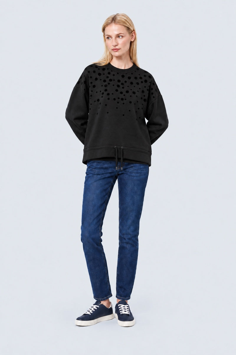 Sweatshirt aus Viskose-Mix mit Flock-Punkten und Tunnelzug am Saum in black combi 1, Ansicht 3