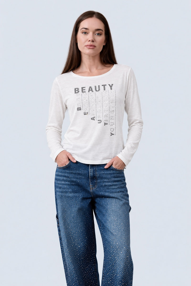 Langarm‑T‑Shirt aus Viskose‑Elasthan mit Statement‑Print in off white