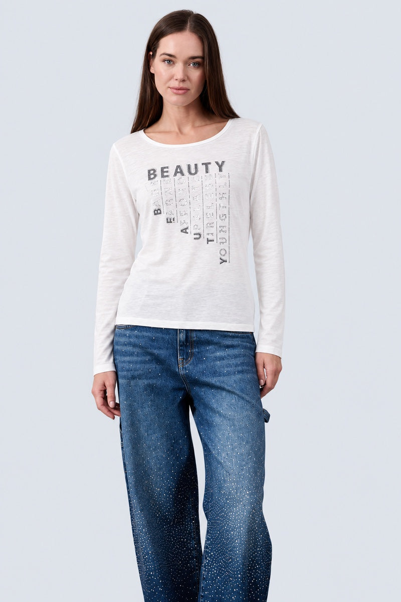 Langarm‑T‑Shirt aus Viskose‑Elasthan mit Statement‑Print in off white, Ansicht 2