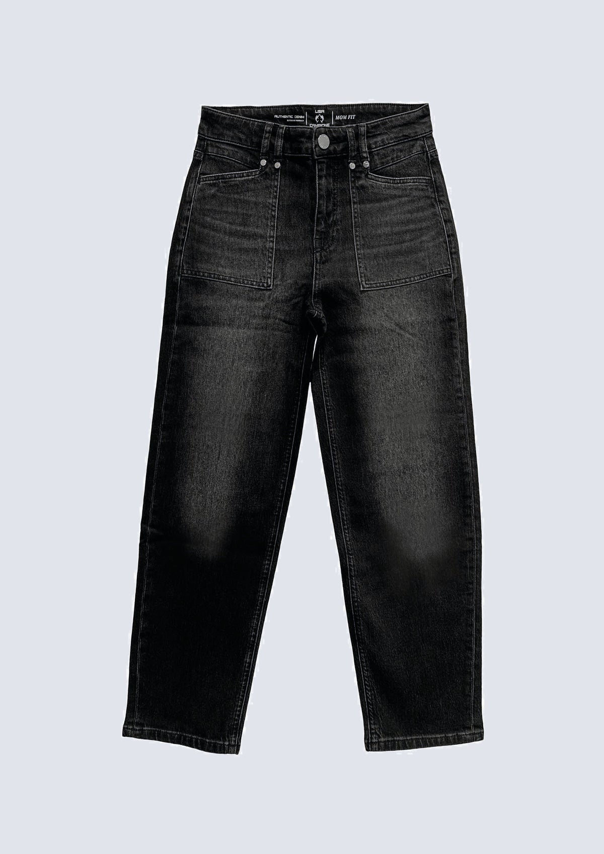 Mom‑Fit‑Jeans mit aufgesetzten Vordertaschen in Used‑Optik – 93000