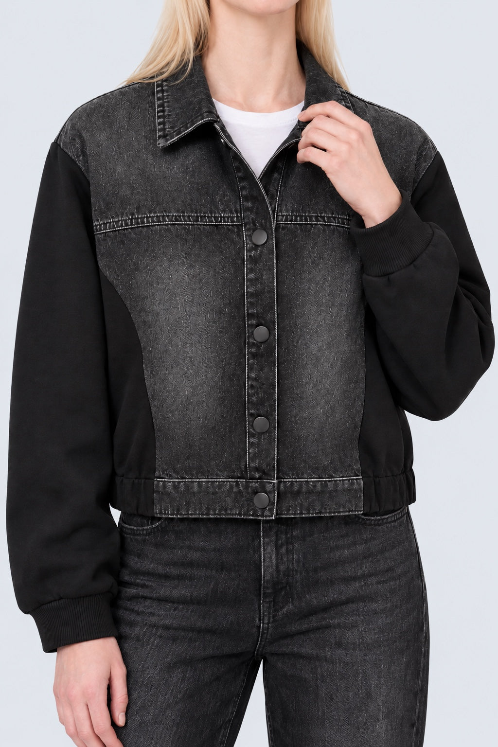 Jeansjacke im Materialmix mit Sweat‑Ärmeln in black, Ansicht 3