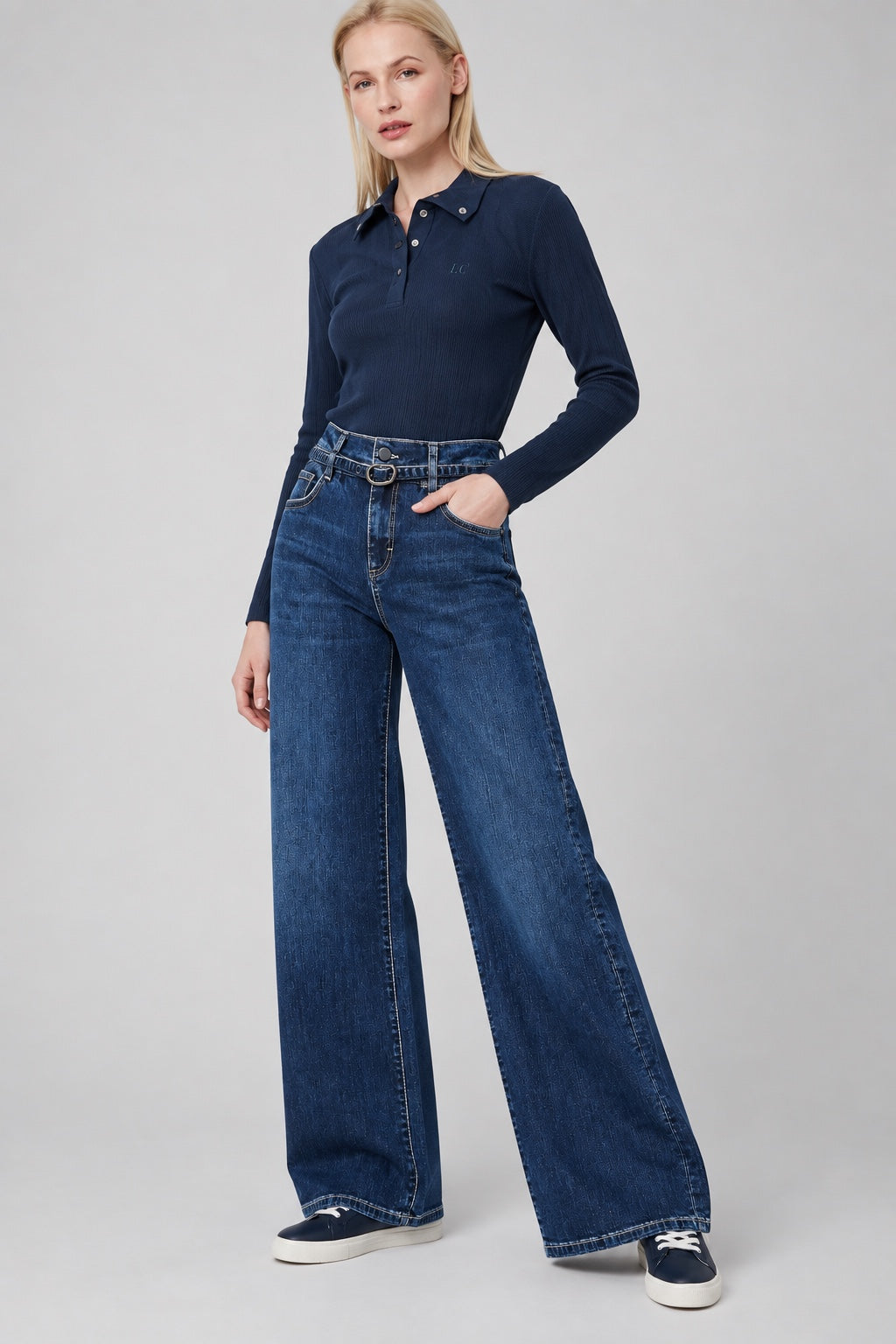 Wide‑Leg‑Jeans aus Baumwoll‑Stretch mit Doppelbund in royal