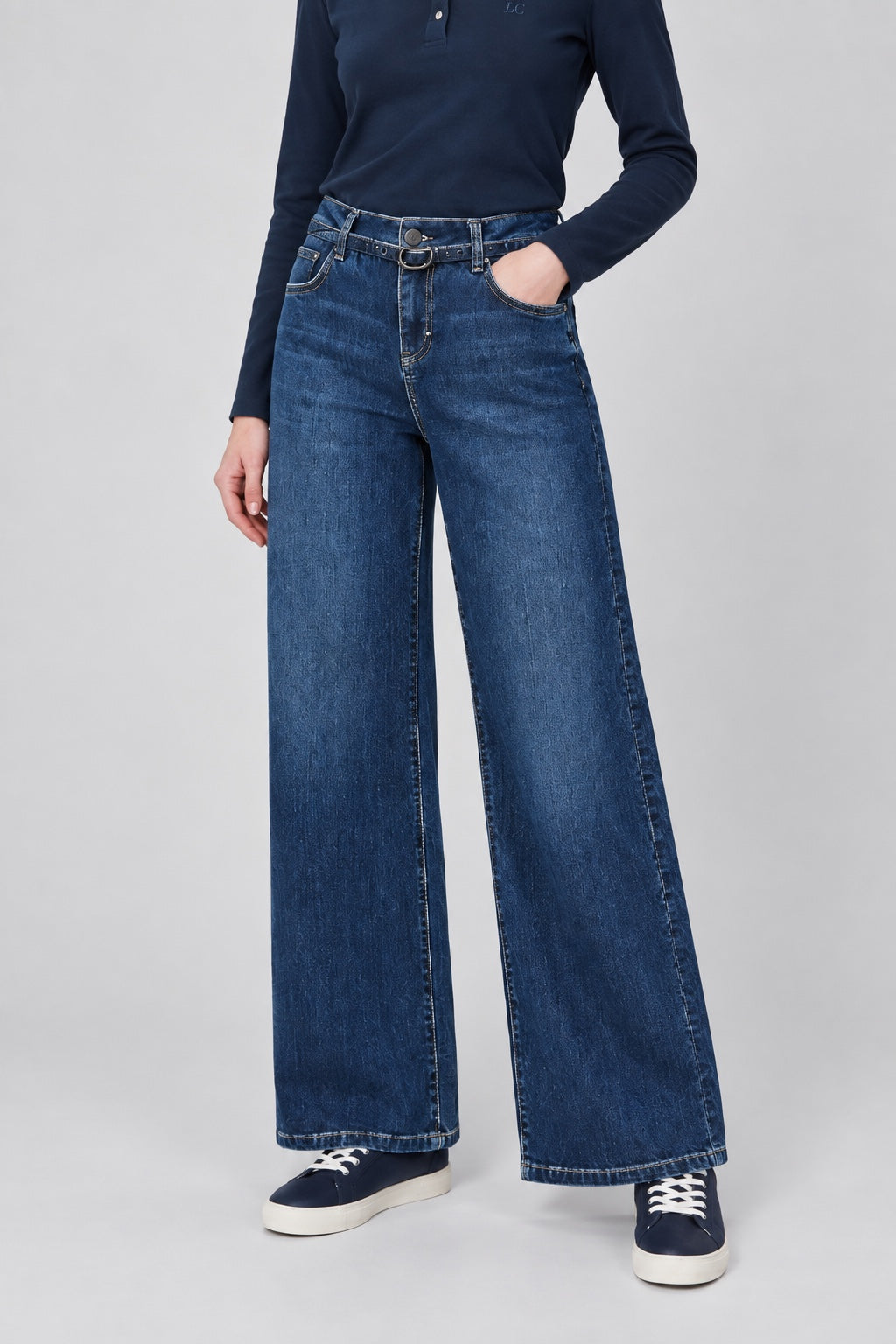 Wide‑Leg‑Jeans aus Baumwoll‑Stretch mit Doppelbund in royal, Ansicht 2
